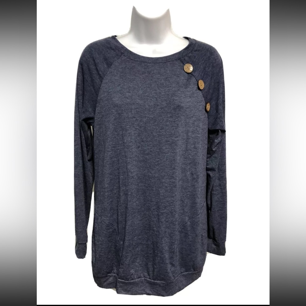 LEANI Women's Casual Long Sleeve Loose Tunic Blue Size Small Pockets Stretch